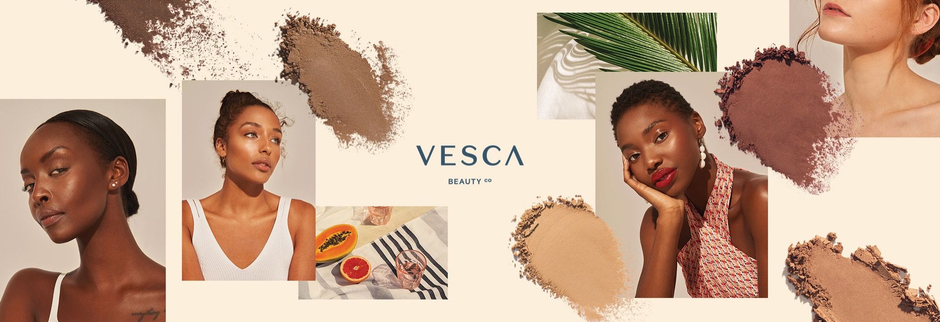 Vesca brand cover photo showcasing bronzer products with warm natural lighting