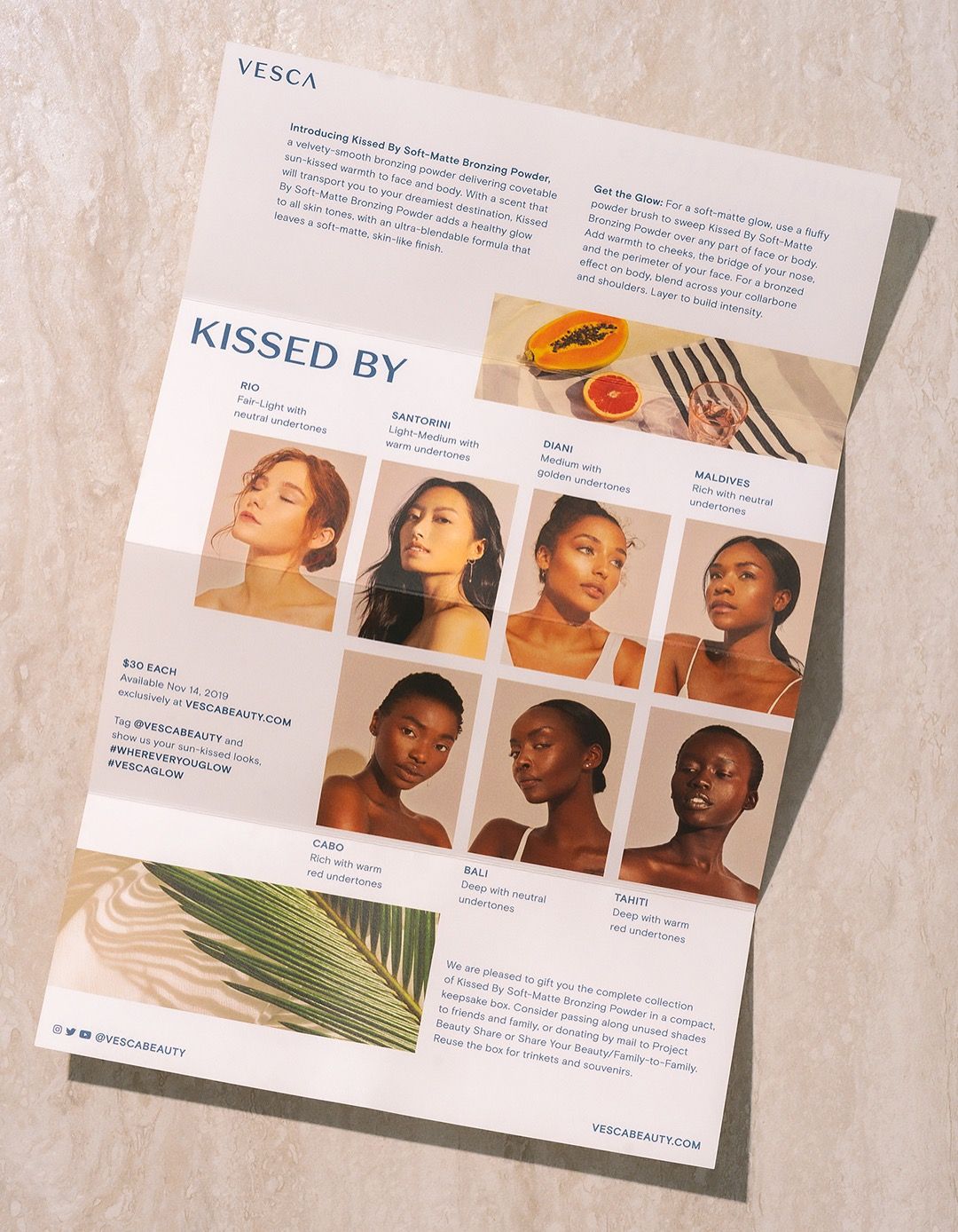 Vesca PR insert back with usage instructions and brand information