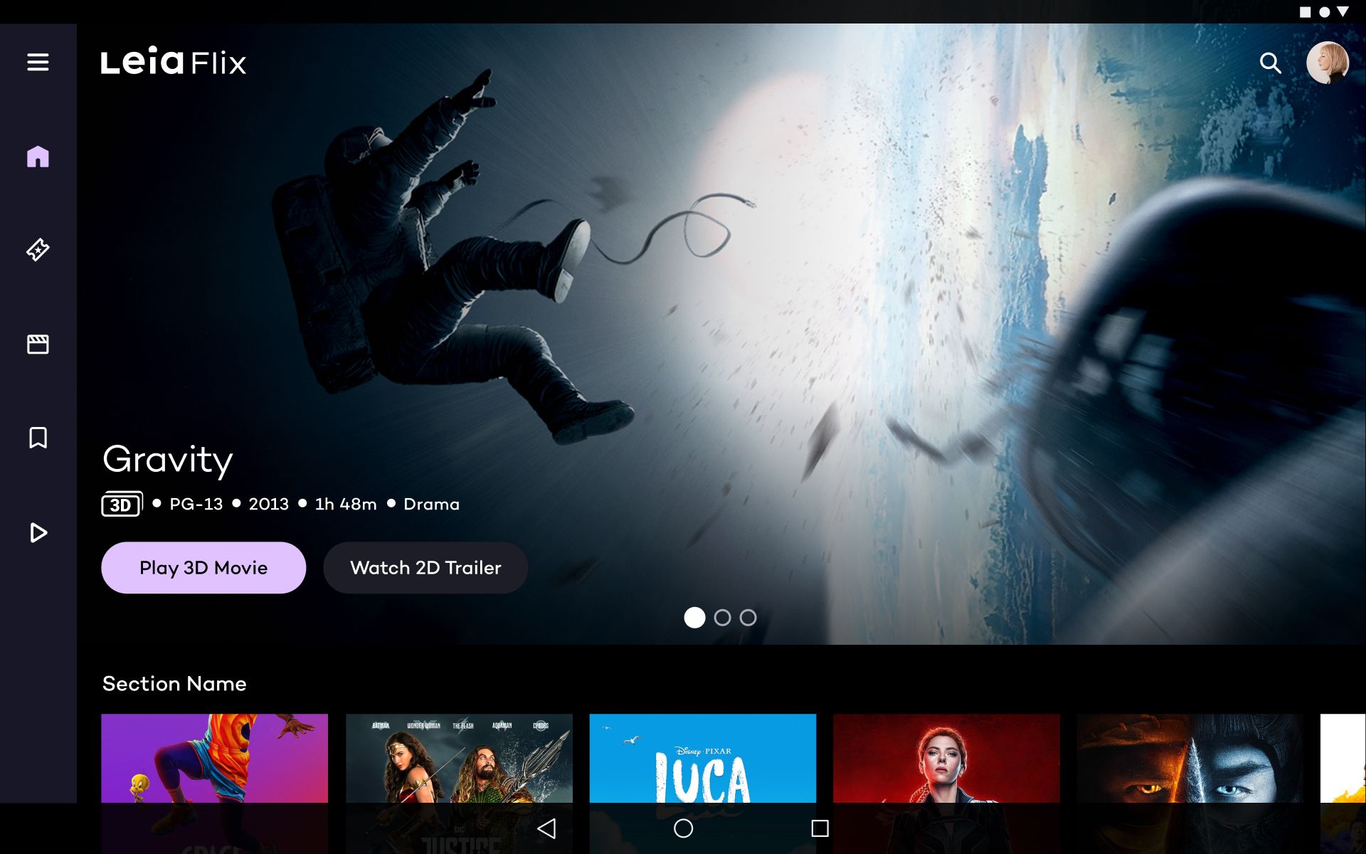 LeiaFlix streaming app interface showcasing content browsing experience with 3D media thumbnails and navigation optimized for landscape tablet viewing
