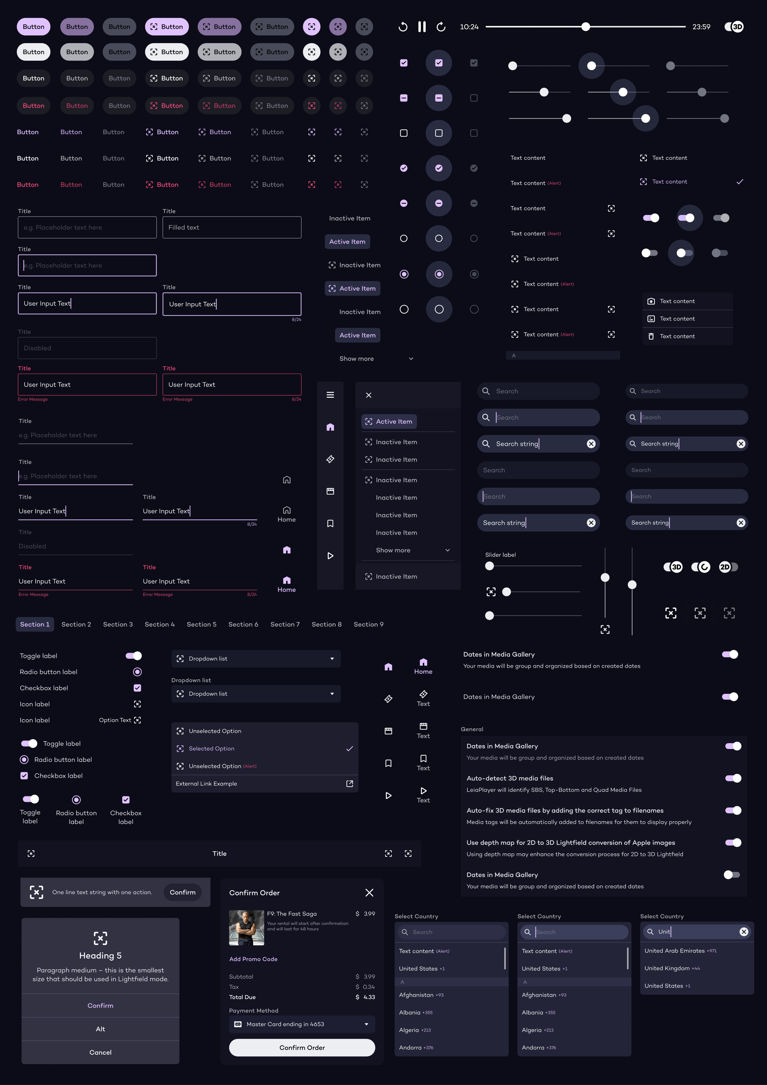 Complete Leia design system overview displaying component library including buttons, navigation elements, media controls, and UI patterns for 3D interfaces