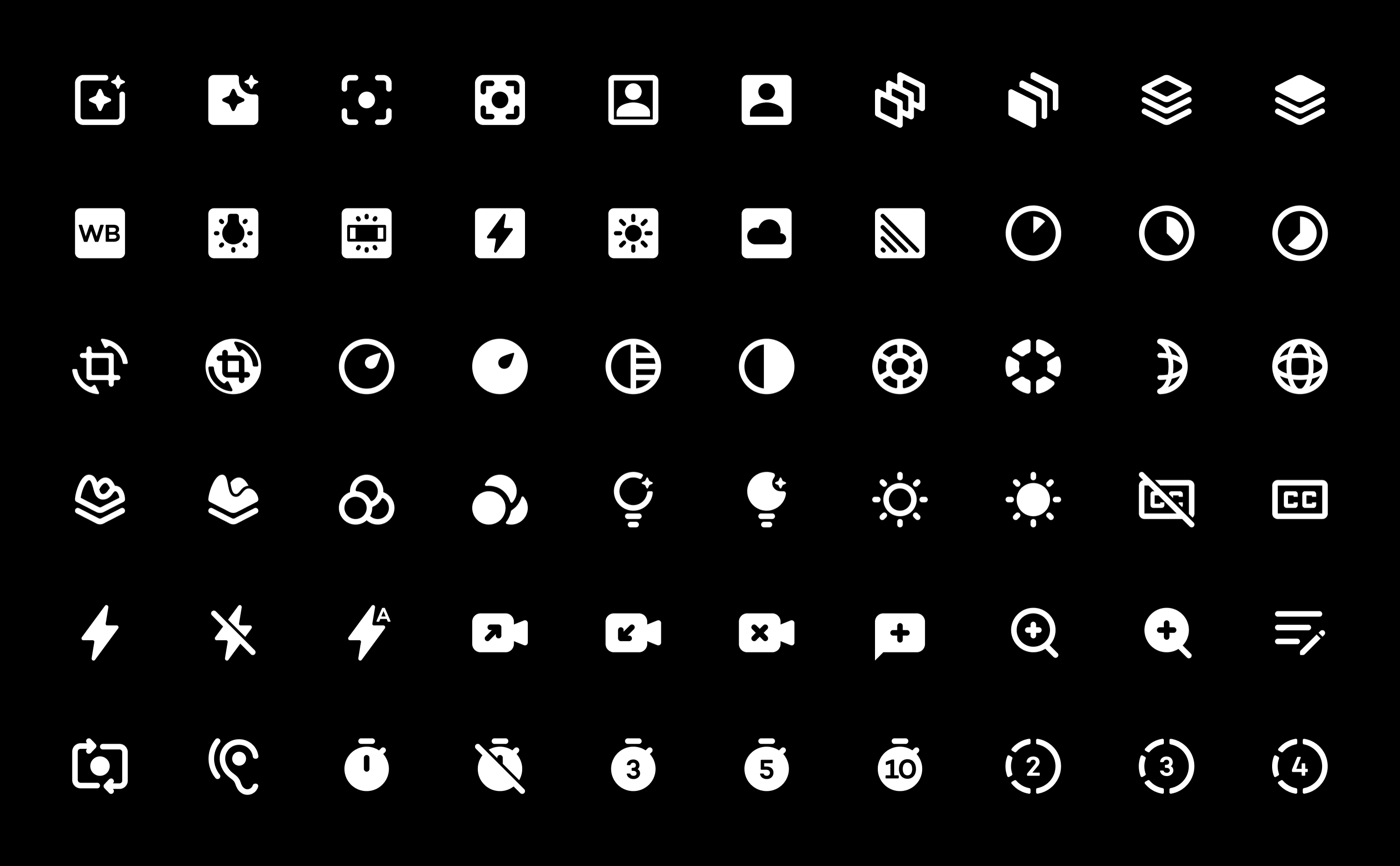 Comprehensive icon system displayed on dark background, showing Material Design icons extended with consistent construction guidelines for 3D interface use
