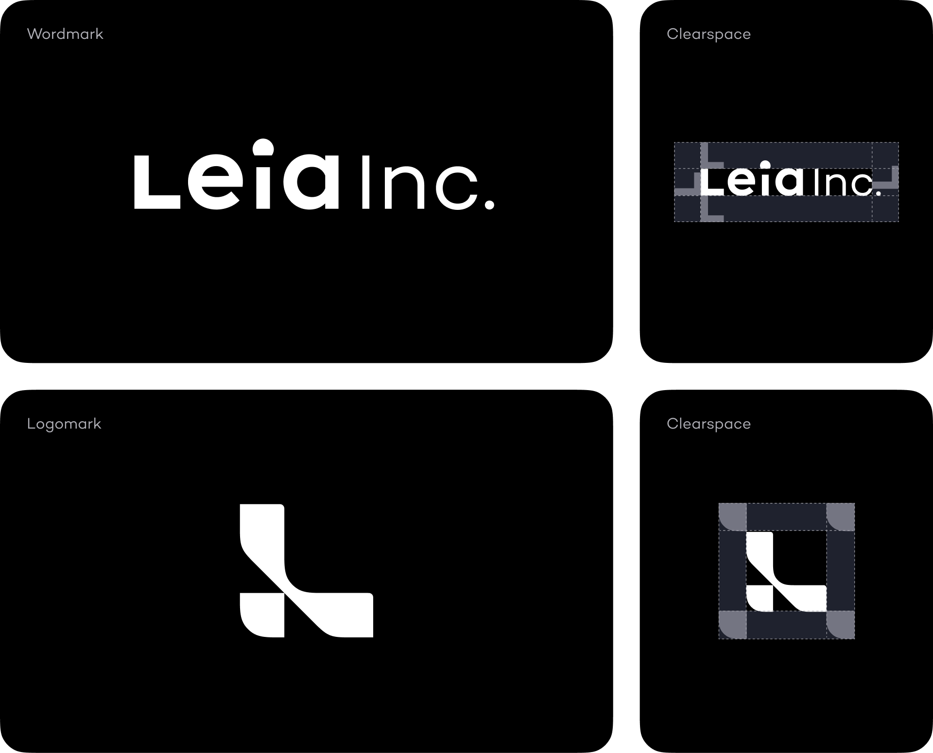 Leia logomark refinement specifications showing precise proportions, spacing measurements, and construction guidelines for consistent brand application