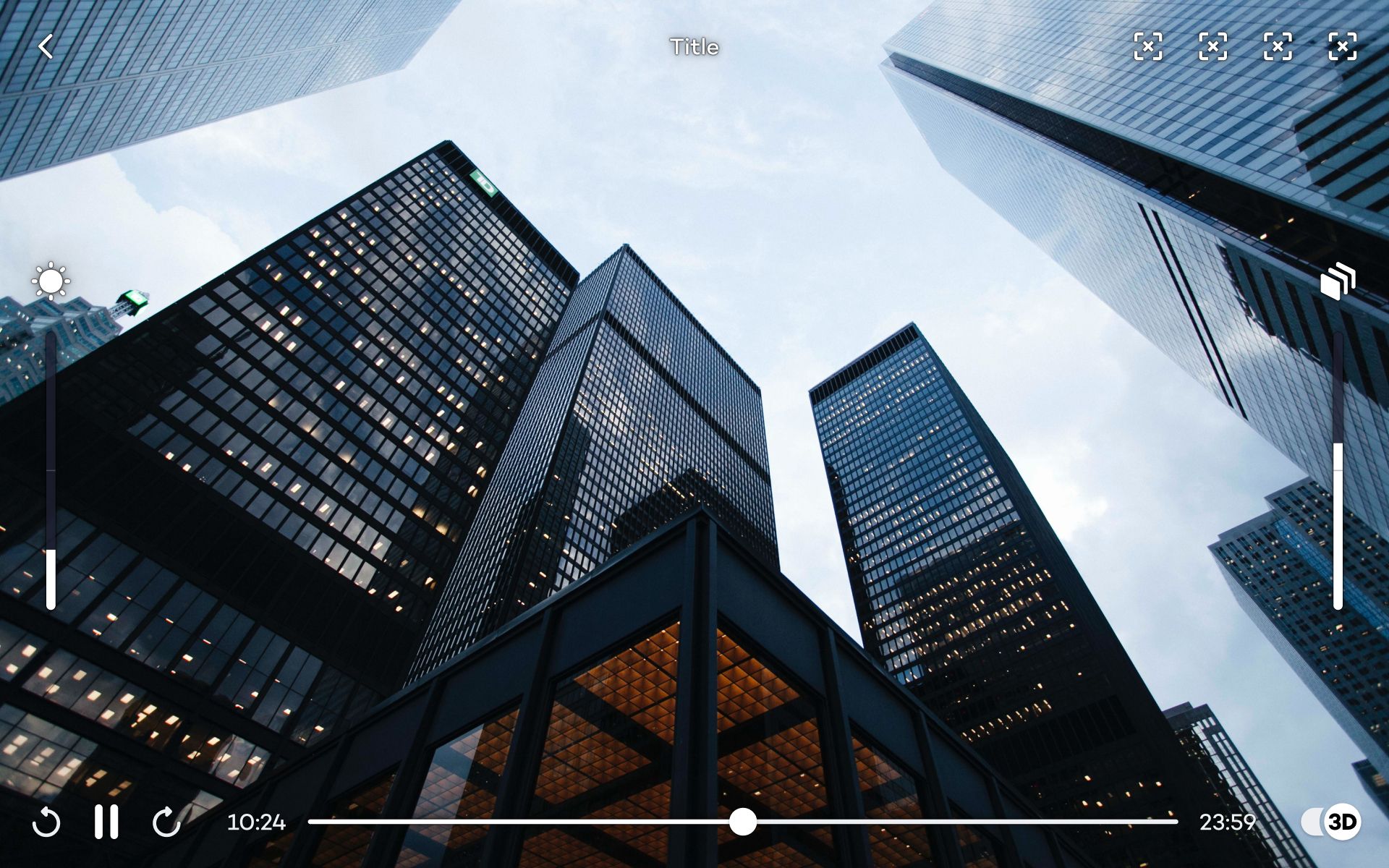 Modular media player overlay UI component assembly showing playback controls, progress bars, and interactive elements with appropriate scale and contrast for 3D viewing