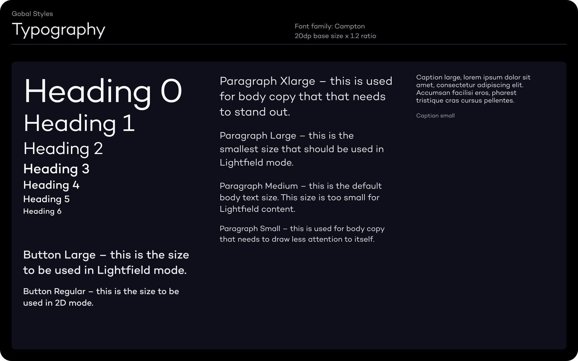 Typography specifications showing font families, sizes, weights, and baseline grid system for Leia's design language