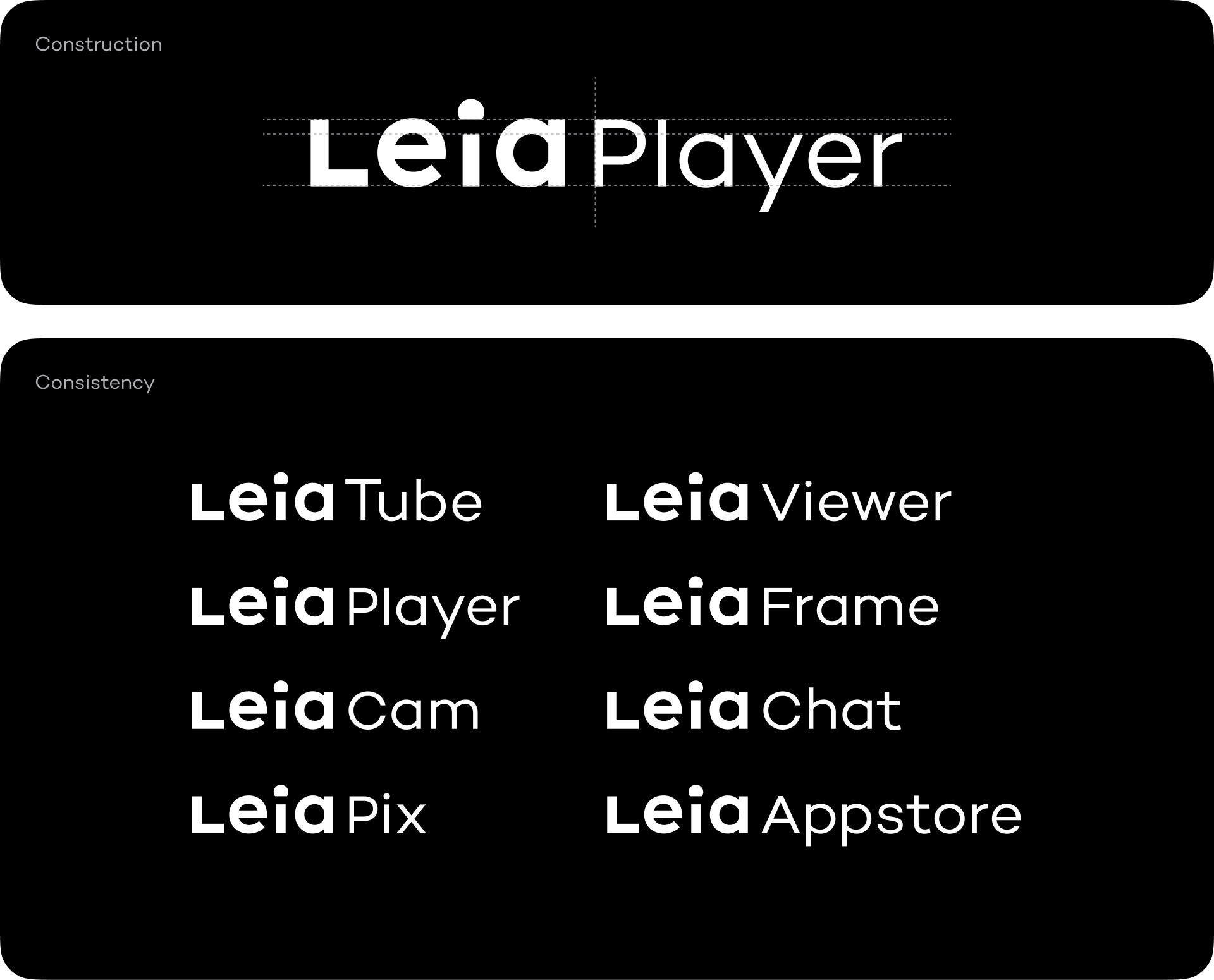 Custom product wordmark designs for Leia's app family including LeiaChat, LeiaPlayer, and other applications with consistent stroke weights and proportions