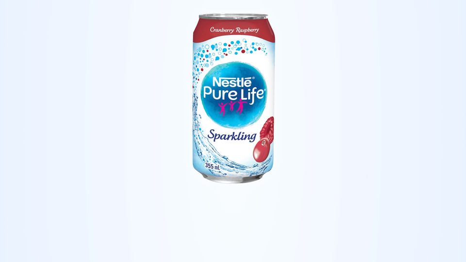 Nestle Pure Life Sparkling Cranberry Raspberry product animation with fruit swirling around the can
