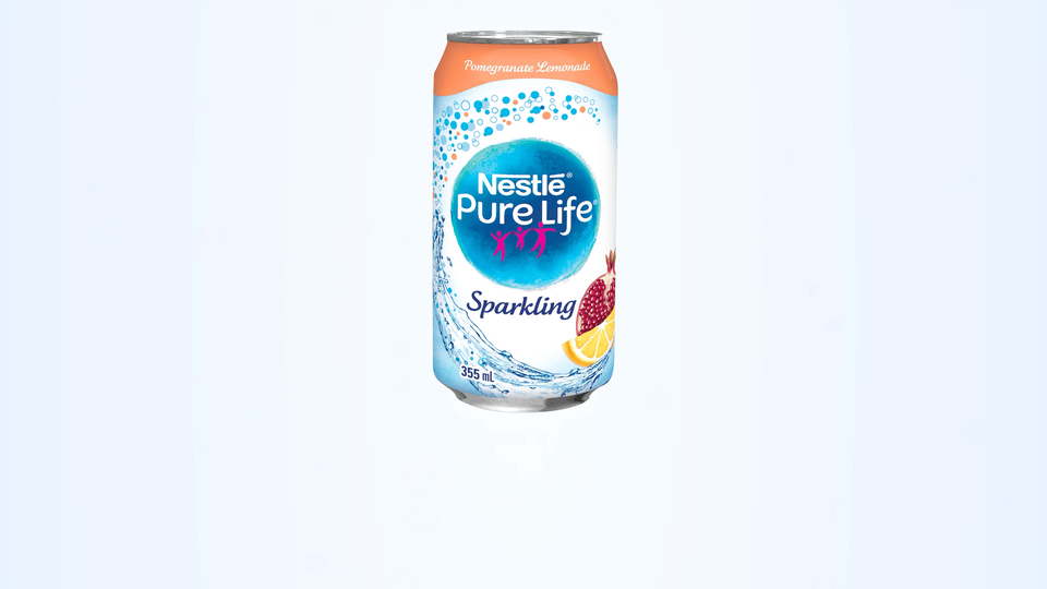 Nestle Pure Life Sparkling Pomegranate Lemon product animation with fruit swirling around the can