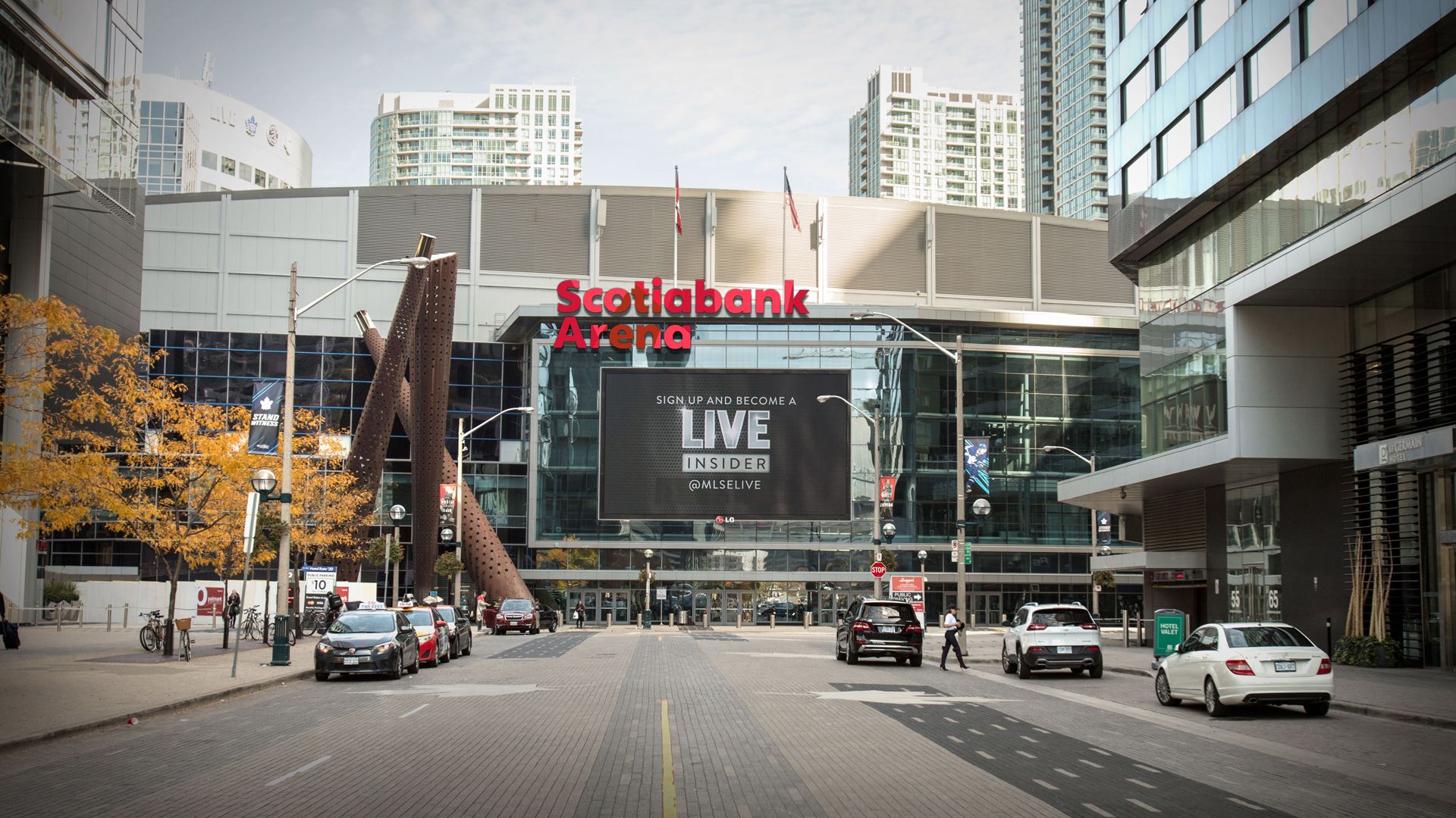 Scotiabank Arena exterior featuring animated LED displays